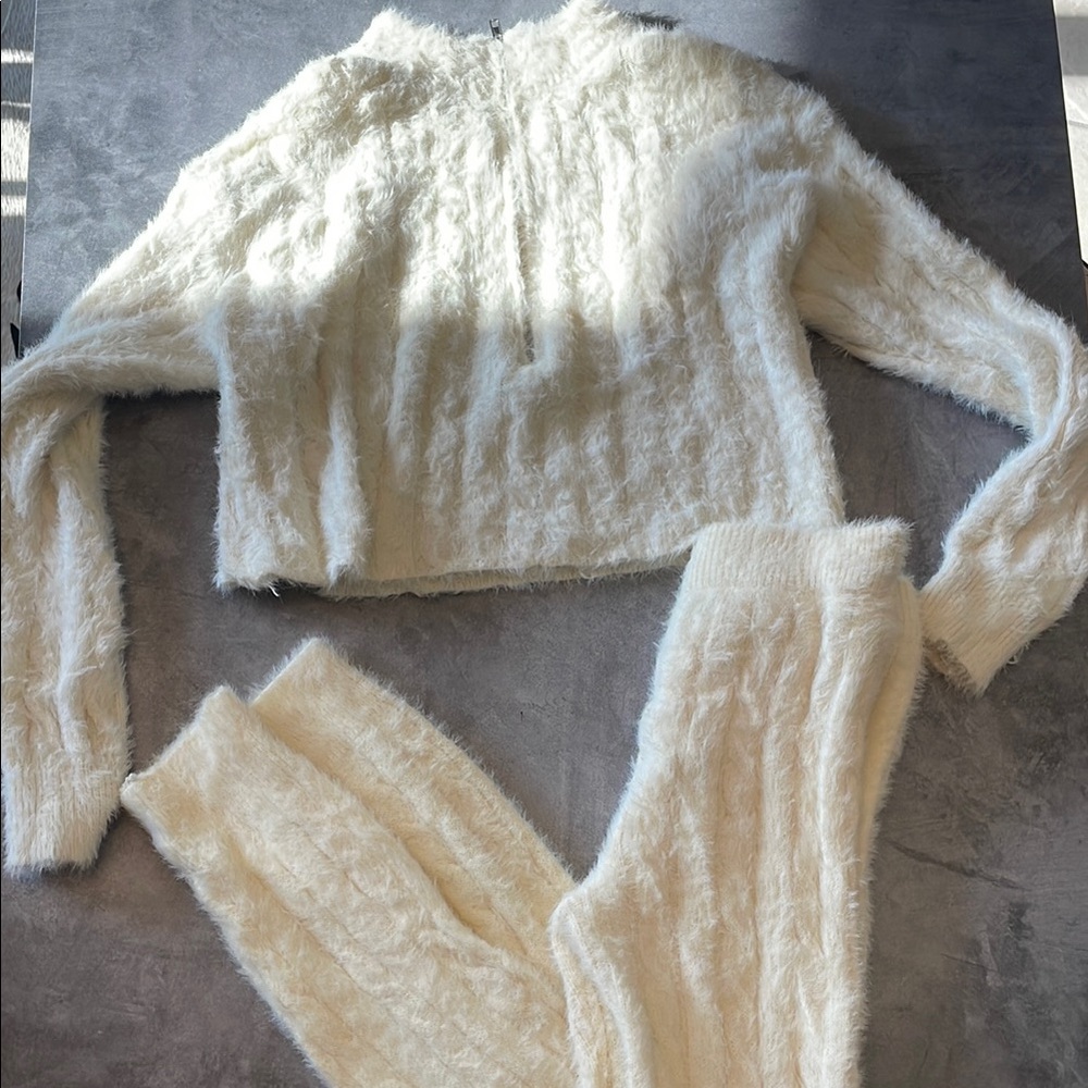 Cozy White Fuzzy Sweater and Pants Set